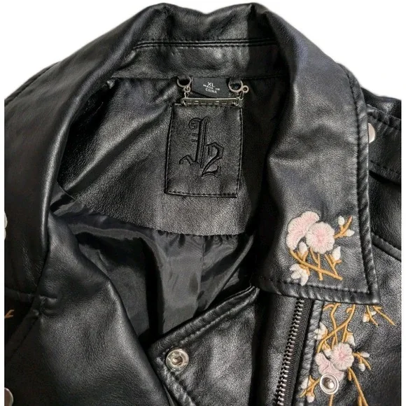 JouJou J2 Cherry Blossom Embroidered Moto Jacket Womens XL Black Biker - Picture 5 of 8